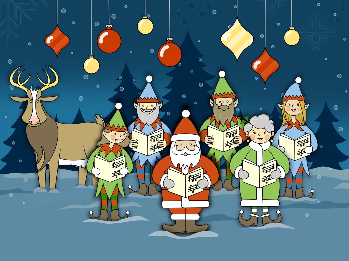 Die GAIA Weihnachtskarte: Weihnachtsmann, Elfen und ein Rentier singen im verschneiten Wald